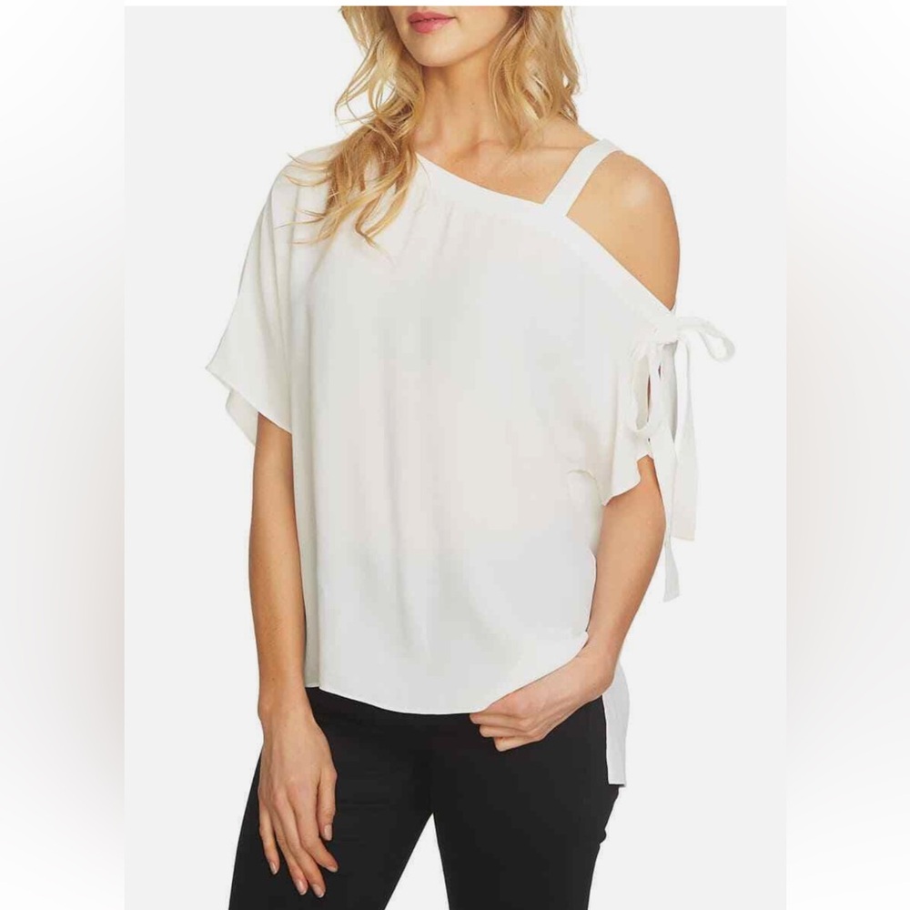 1.State Womens Asymmetric Tie Detail One Off Shoulder Shell Blouse Size L White
